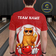 Load image into Gallery viewer, Back view of a male model in a bowling alley wearing a bowling polo shirt featuring a British Shorthair cat in sunglasses beside a bowling ball.