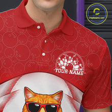 Load image into Gallery viewer, Close-up left chest view of a white and red bowling polo shirt with an orange British Shorthair cat wearing sunglasses and leaning on a bowling ball.