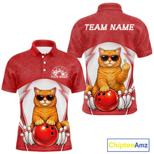 Load image into Gallery viewer, Front and back view of a white and red men’s bowling polo shirt featuring an orange British Shorthair cat wearing sunglasses and leaning on a bowling ball.