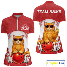 Load image into Gallery viewer, Front and back view of a white and red women’s bowling quarter-zip shirt featuring an orange British Shorthair cat in sunglasses leaning on a bowling ball.