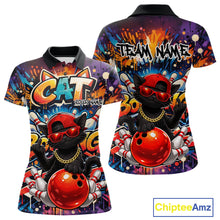 Load image into Gallery viewer, Front and back display of a colorful women’s bowling polo shirt featuring a black cat in sunglasses and a backward cap leaning on a bowling ball in graffiti style.