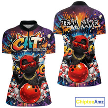Load image into Gallery viewer, Front and back mockup of a colorful women’s bowling quarter-zip shirt featuring a black cat in sunglasses and a backward cap leaning on a bowling ball in graffiti style.