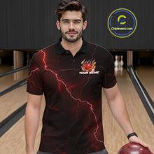 Load image into Gallery viewer, Male model at the bowling lane wearing a black and red bowling polo with dragon claw artwork and fiery bowling graphics.
