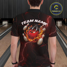 Load image into Gallery viewer, Back view of a black and red mens bowling polo showcasing a dragon claw holding a flaming bowling ball with pin accents.