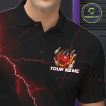 Load image into Gallery viewer, Close-up left chest graphic on a black and red bowling polo featuring a dragon claw and flaming bowling ball motif.