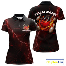 Load image into Gallery viewer, Front and back black and red womens bowling polo featuring a dragon claw gripping a flaming bowling ball with scattered pins and lightning fantasy artwork.