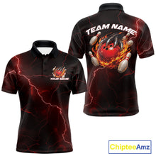Load image into Gallery viewer, Front and back black and red mens bowling polo featuring a dragon claw gripping a flaming bowling ball with scattered bowling pins.