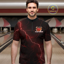 Load image into Gallery viewer, Male model at the bowling lane wearing a black and red quarter-zip with dragon claw artwork and fiery bowling elements.
