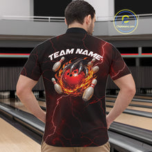 Load image into Gallery viewer, Front view of a black and red mens bowling quarter-zip displaying a flaming bowling ball held by a dragon claw.