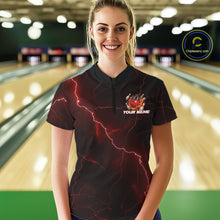 Load image into Gallery viewer, Female model wearing a black and red quarter-zip with dragon claw bowling artwork and scattered pins.