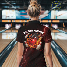 Load image into Gallery viewer, Back view of a black and red womens quarter-zip displaying fiery dragon claw and bowling ball graphics.