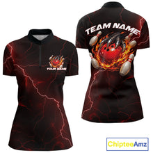 Load image into Gallery viewer, Front and back black and red womens quarter-zip featuring a dragon claw gripping a flaming bowling ball.