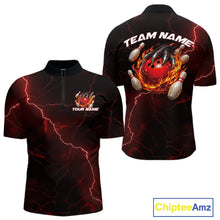 Load image into Gallery viewer, Front and back black and red mens bowling quarter-zip featuring a dragon claw gripping a flaming bowling ball and scattered bowling pins.