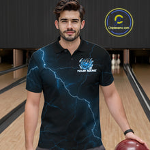 Load image into Gallery viewer, Male model wearing a black and blue bowling polo in a bowling lane with dragon claw artwork and fantasy lightning accents.