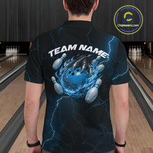 Load image into Gallery viewer, Back view of a black and blue mens bowling polo displaying a flaming bowling ball and dragon claw design.