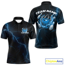 Load image into Gallery viewer, Front and back black and blue mens bowling polo featuring a dragon claw gripping a flaming bowling ball with scattered pins.