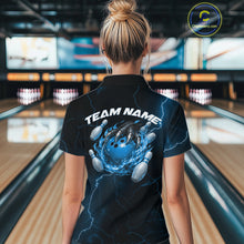 Load image into Gallery viewer, Back view of a black and blue womens quarter-zip showcasing flaming bowling ball and lightning artwork.