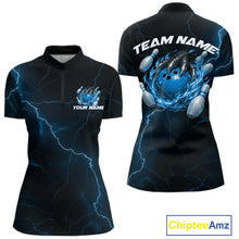 Load image into Gallery viewer, Black and blue womens quarter-zip mockup featuring a dragon claw gripping a flaming bowling ball with scattered pins.
