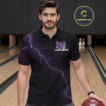 Load image into Gallery viewer, Male model wearing a black and purple bowling polo in a bowling center with dragon claw and bowling pin graphics.