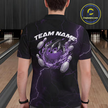 Load image into Gallery viewer, Back view of a black and purple mens bowling polo showcasing a dragon claw holding a flaming bowling ball.