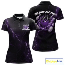 Load image into Gallery viewer, Front and back black and purple womens bowling polo featuring a dragon claw gripping a flaming bowling ball with lightning fantasy accents.