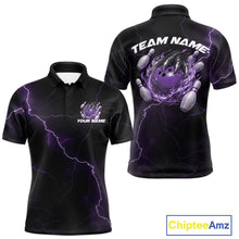 Load image into Gallery viewer, Front and back black and purple mens bowling polo featuring a dragon claw gripping a flaming bowling ball with lightning fantasy artwork.