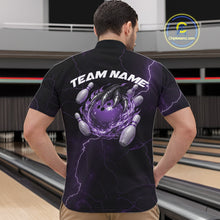 Load image into Gallery viewer, Front view of a black and purple mens bowling quarter-zip displaying a flaming bowling ball held by a dragon claw.