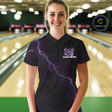 Load image into Gallery viewer, Female model wearing a black and purple quarter-zip with dragon claw, bowling pins, and lightning fantasy graphics.