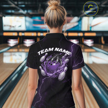 Load image into Gallery viewer, Back view of a black and purple womens quarter-zip displaying dragon claw bowling artwork with flames.