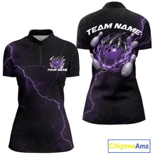 Load image into Gallery viewer, Front and back black and purple womens quarter-zip featuring a dragon claw holding a flaming bowling ball.
