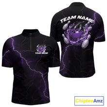 Load image into Gallery viewer, Front and back black and purple mens bowling quarter-zip featuring a dragon claw gripping a flaming bowling ball with lightning fantasy accents.