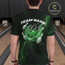 Load image into Gallery viewer, Back view of a black and green mens bowling polo displaying a flaming bowling ball held by a dragon claw.