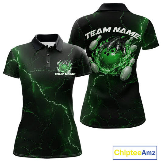 Front and back black and green womens bowling polo featuring a dragon claw gripping a flaming bowling ball with scattered pins.