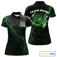 Load image into Gallery viewer, Front and back black and green womens bowling polo featuring a dragon claw gripping a flaming bowling ball with scattered pins.