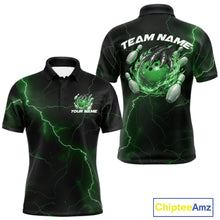 Load image into Gallery viewer, Front and back black and green mens bowling polo featuring a dragon claw gripping a flaming bowling ball with scattered bowling pins.