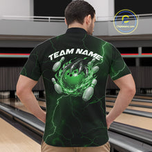 Load image into Gallery viewer, Front view of a black and green mens bowling quarter-zip showcasing a dragon claw, flaming bowling ball, and scattered pins.