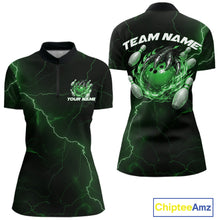 Load image into Gallery viewer, Black and green womens quarter-zip mockup featuring a dragon claw gripping a flaming bowling ball with lightning accents.