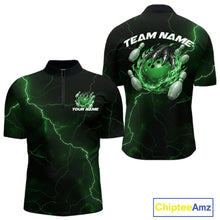 Load image into Gallery viewer, Front and back black and green mens bowling quarter-zip featuring a dragon claw gripping a flaming bowling ball with fantasy lightning artwork.
