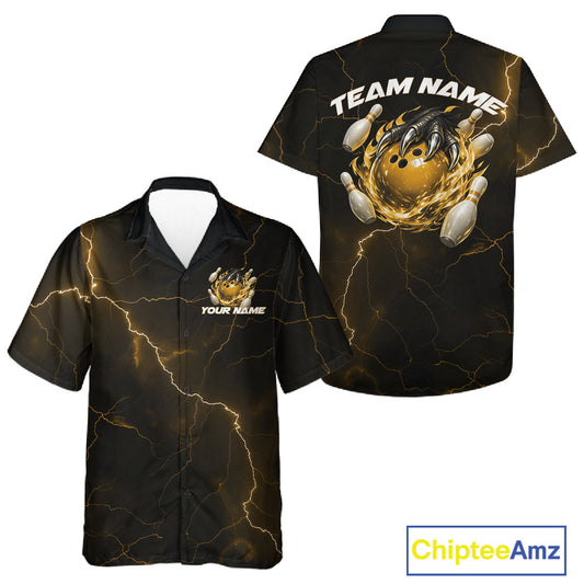Black and yellow button-up bowling shirt featuring a dragon claw gripping a flaming bowling ball with scattered pins and fantasy lightning artwork.