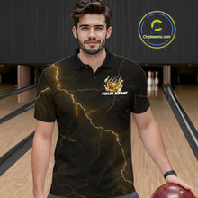Load image into Gallery viewer, Male model wearing a black and yellow bowling polo with dragon claw artwork, flaming bowling ball, and lightning fantasy accents.