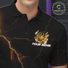Load image into Gallery viewer, Close-up left chest detail of a black and yellow bowling polo featuring a dragon claw and flaming bowling ball graphic.