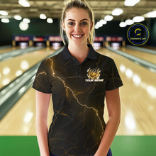 Load image into Gallery viewer, Female model wearing a black and yellow bowling polo with dragon claw artwork, flaming bowling ball, and lightning fantasy background.