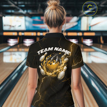 Load image into Gallery viewer, Back view of a black and yellow womens bowling polo displaying a dragon claw holding a flaming bowling ball with pin graphics.