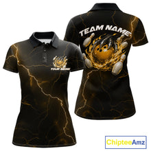 Load image into Gallery viewer, Front and back black and yellow womens bowling polo featuring a dragon claw gripping a flaming bowling ball with scattered pins.
