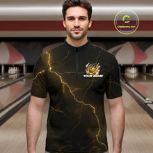 Load image into Gallery viewer, Male model wearing a black and yellow bowling quarter-zip with dragon claw artwork, flaming bowling ball, and lightning fantasy background.