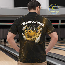 Load image into Gallery viewer, Front view of a black and yellow mens quarter-zip displaying a dragon claw holding a flaming bowling ball with scattered pins.