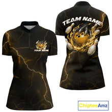 Load image into Gallery viewer, Front and back black and yellow womens quarter-zip featuring a dragon claw gripping a flaming bowling ball with scattered pins.