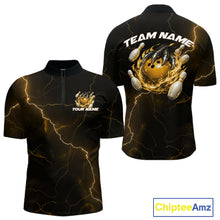 Load image into Gallery viewer, Front and back black and yellow mens bowling quarter-zip featuring a dragon claw gripping a flaming bowling ball with scattered pins.