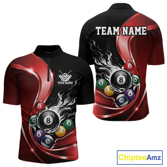 Front and back mockup of a mens black and red billiard quarter zip featuring metallic ribbons, dark honeycomb graphics, and a flaming 8-ball