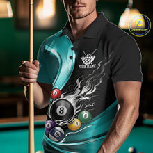 Load image into Gallery viewer, Front view of a male model wearing a black and blue billiard polo with metallic ribbons, dark honeycomb artwork, and a flaming 8-ball